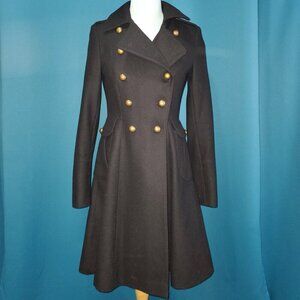 Tahari Military Peacoat A-Line Double-Breasted Black 60% Wool Blend Coat - S